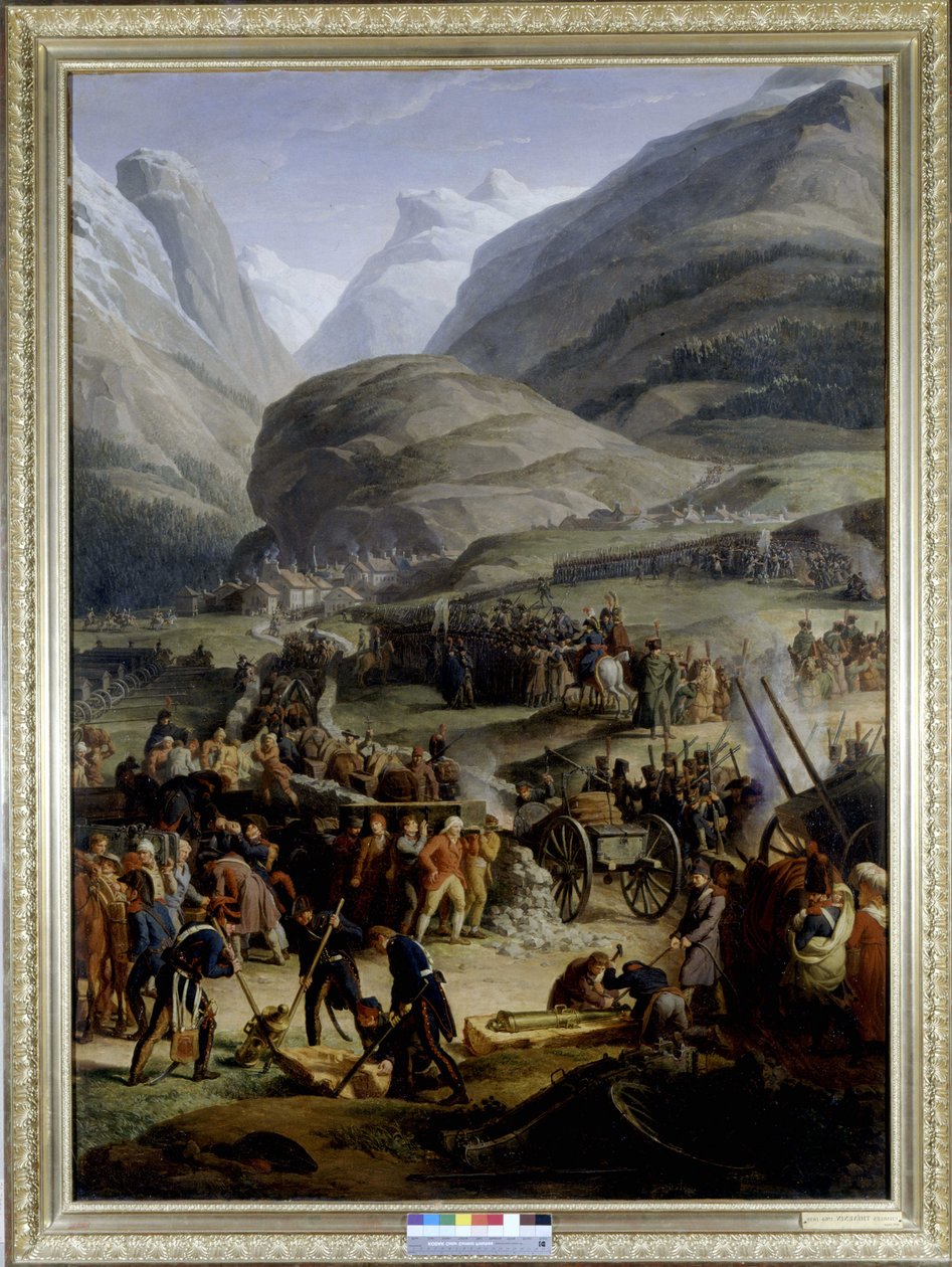 Den franska armén i byn Saint Pierre för korsningen av Saint Bernard-passet - av Charles Thévenin, oljemålning, tidigt 1800-tal. av Charles Thevenin