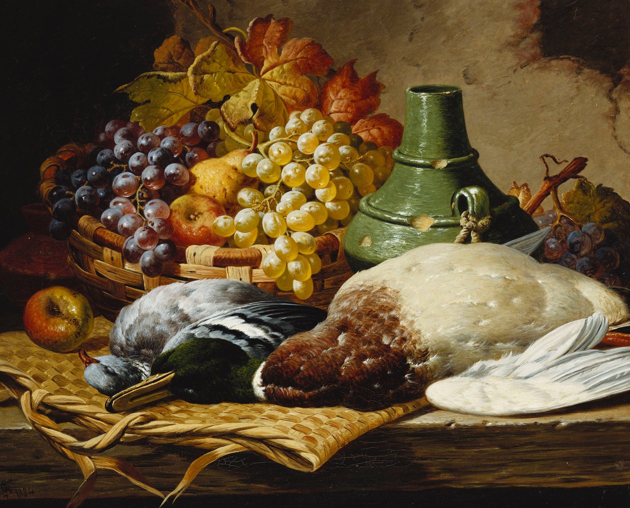 En gräsand och en skogsduva med en korg med äpplen och vindruvor på en träavsats, av Charles Thomas Bale