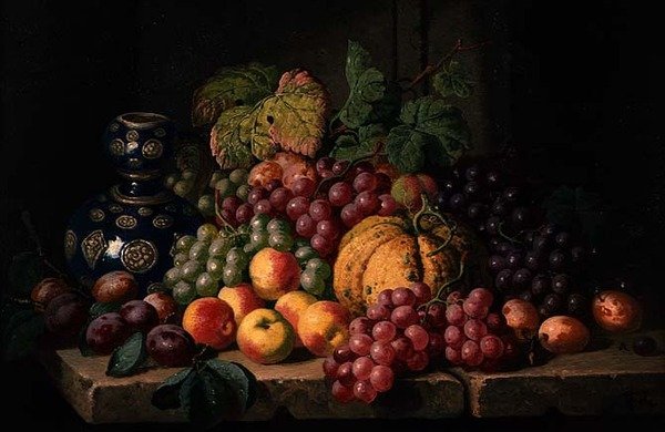 Stilleben med frukt och en blå vas (olja på duk) av Charles Thomas Bale