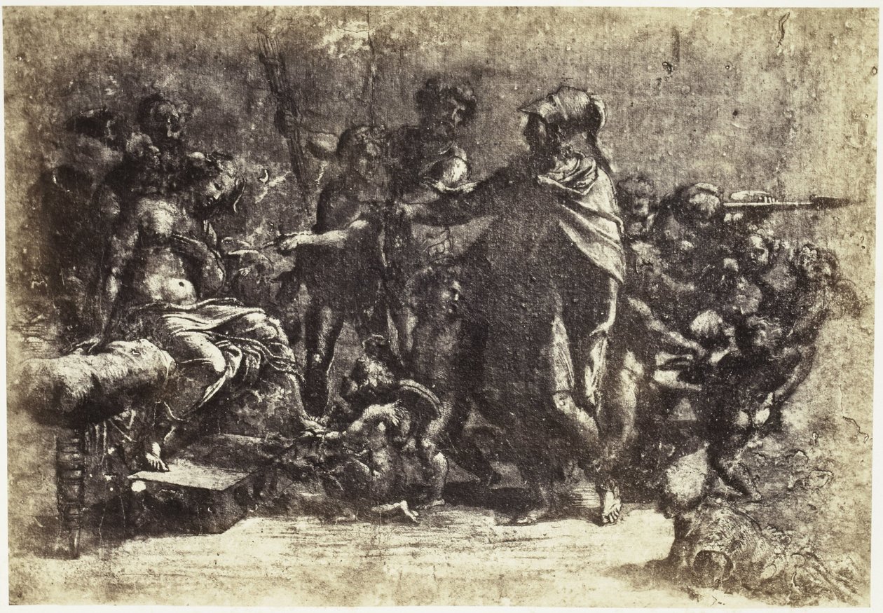 Fotoreproduktion av en teckning av Raphael, scen med soldater, en naken kvinna och en ängel av Charles Thurston Thompson