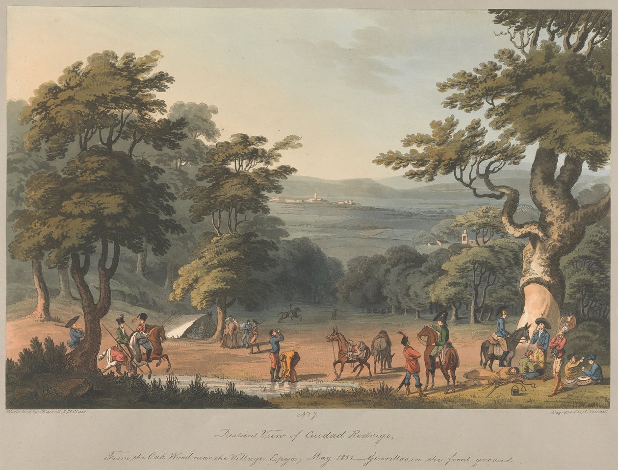 Nr 7: Utsikt över Ciudad Rodrigo på avstånd från en ekskog nära byn Espeja, mars 1811 av Charles Turner
