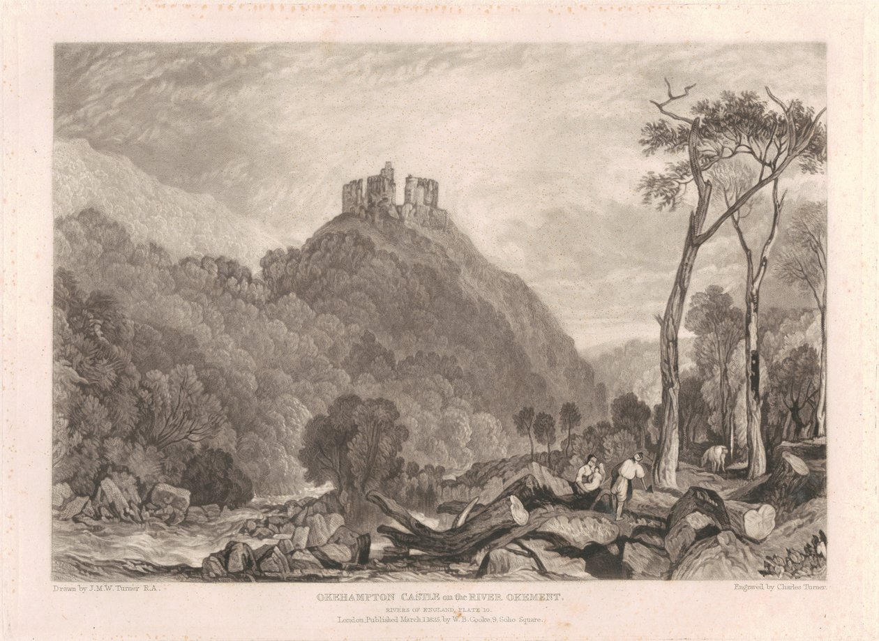 Okehampton Castle vid floden Okement av Charles Turner