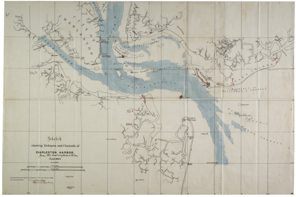 Skiss som visar försvar och kanaler i Charleston Harbour, juni 1864 (bläck på vaxduk) av Charles V. Bartelle