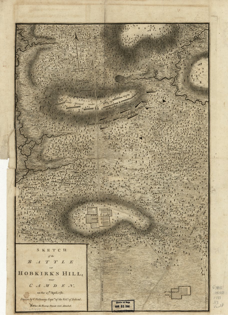 Skiss över slaget vid Hobkirks Hill, nära Camden, den 25 april 1781, publicerad i London 1794 av Charles Vallancey