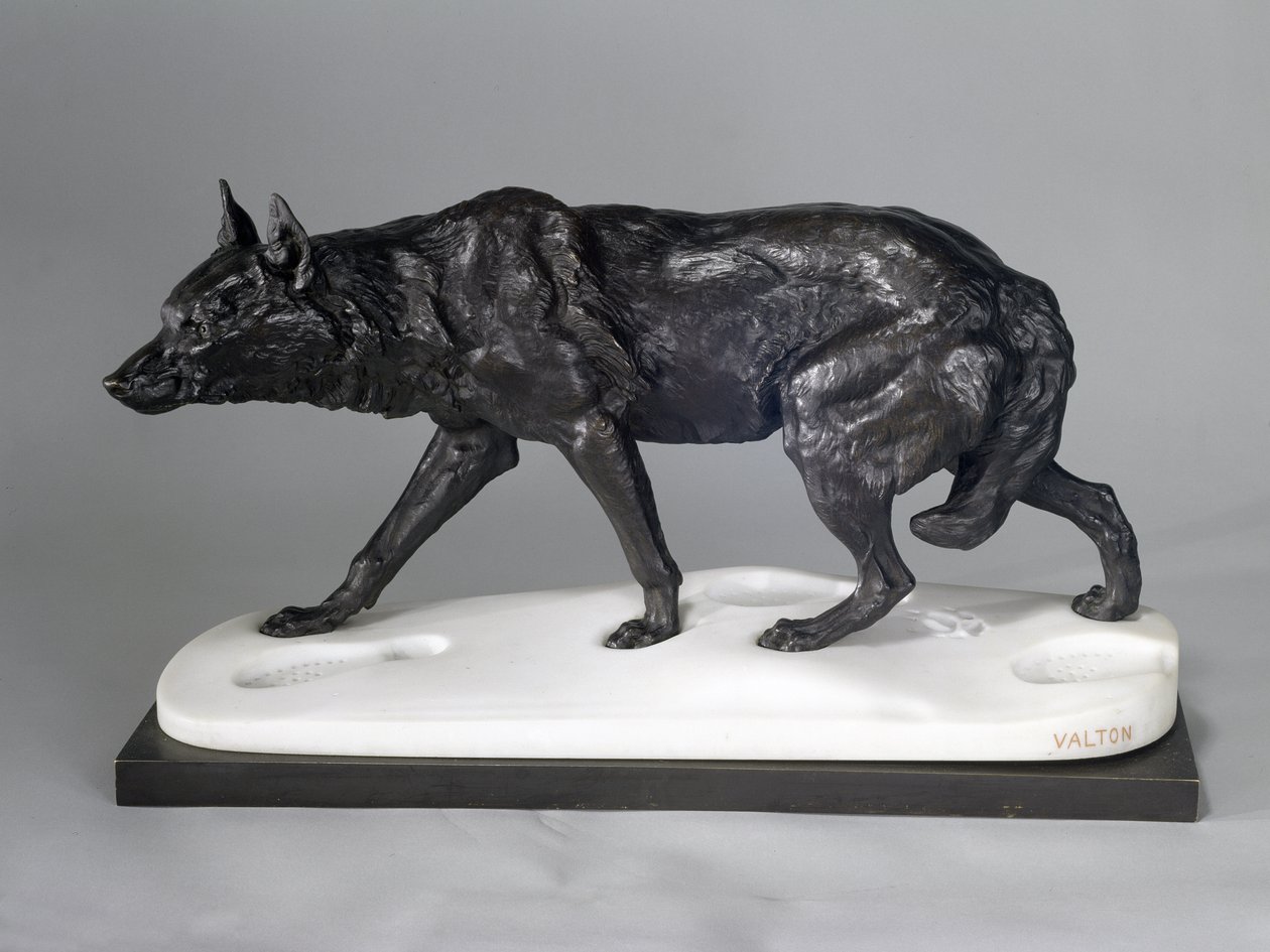 Wolf Tracking in the Snow (brons, metall och marmor) av Charles Valton