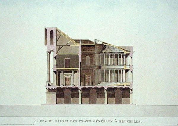 Tvärsnitt av Palais des Etats Generaux, Bryssel, från "Val av de mest anmärkningsvärda monumenten, byggnaderna och husen i Konungariket Nederländerna" av Pierre Jacques Goetghebuer, publicerad 1827 (akvatint) (se även 189230) av Charles Vander Straeten