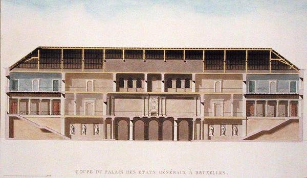 Tvärsnitt av Palais des Etats Generaux, Bryssel, från "Val av de mest anmärkningsvärda monumenten, byggnaderna och husen i Konungariket Nederländerna" av Pierre Jacques Goetghebuer, publicerad 1827 (akvatint) (se även 189231) av Charles Vander Straeten