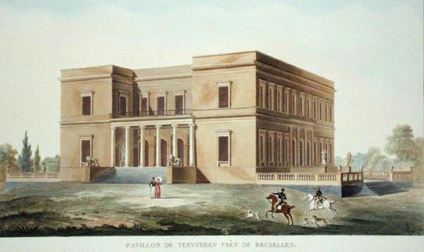 Paviljongen Tervueren nära Bryssel, från "Val av de mest framstående monumenten, byggnaderna och husen i kungariket Nederländerna" av Pierre Jacques Goetghebuer, publicerad 1827 (akvatint) av Charles Vander Straeten