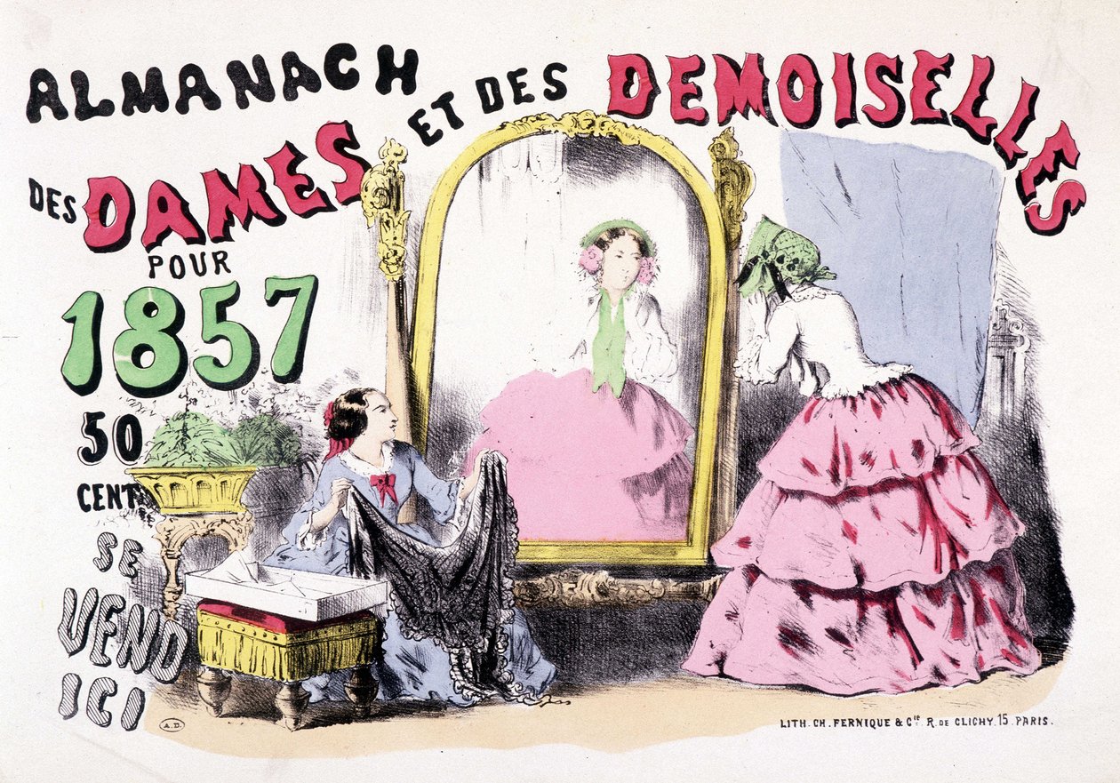 Reklamaffisch för Almanach of Ladies and Ladies för 1857 (flickor framför ett isskåp), 50 cent av Charles Vernier