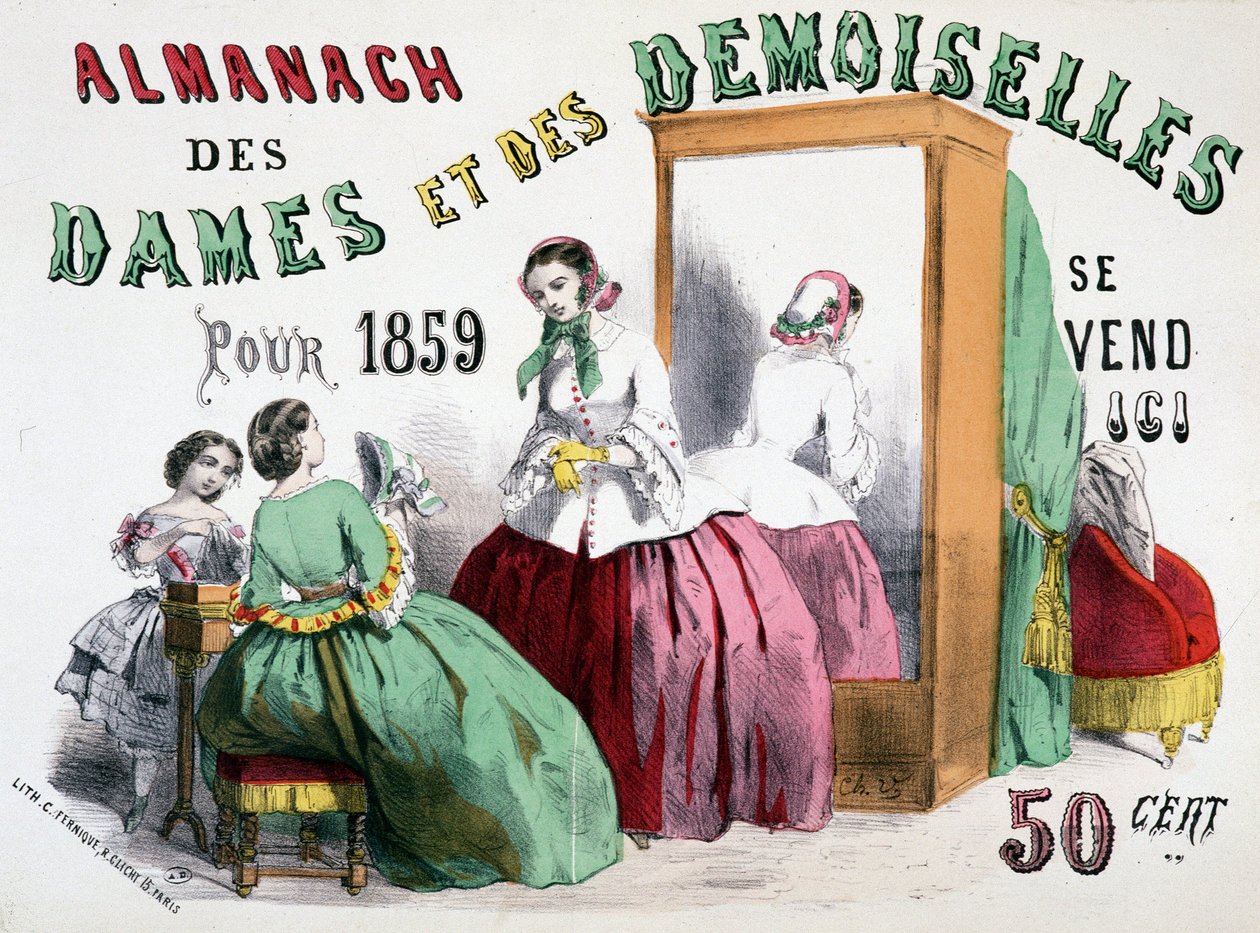 Reklamaffisch för Almanach of Ladies and Ladies för 1859 (unga flickor pratar trasor framför ett isskåp), 50 cent av Charles Vernier