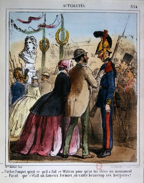 Tecknad film som gör narr av uppförandet av en jubileumsstaty av Watteau, ca 1870 (lito i färg) av Charles Vernier