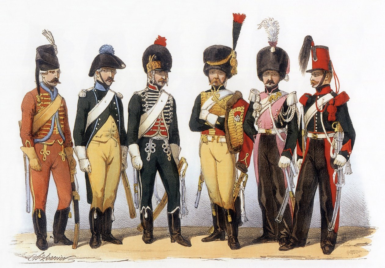Franska arméns dräkter: Lancers g-d: 1745 filjägare (under Louis XV); 1785 under Ludvig XVI; 1794 republik; 1810 imperiale garde (1:a riket); 1824 kunglig garde (restaurering); 1840, teckning av Charles Vernier (1831-1887). av Charles Vernier