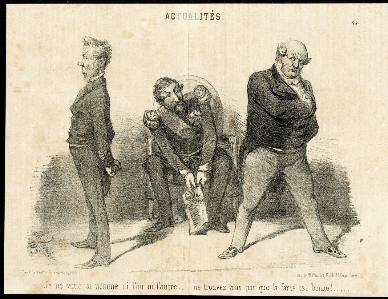 Illustration av Charles Vernier (? -1887) i Le Charivari - Republikens president, Ministere, Fåtölj (symbol för makt) - Napoleon III, Barrot Odilon (1791-1873), Minister, Faucher Leon (1803-1854) av Charles Vernier