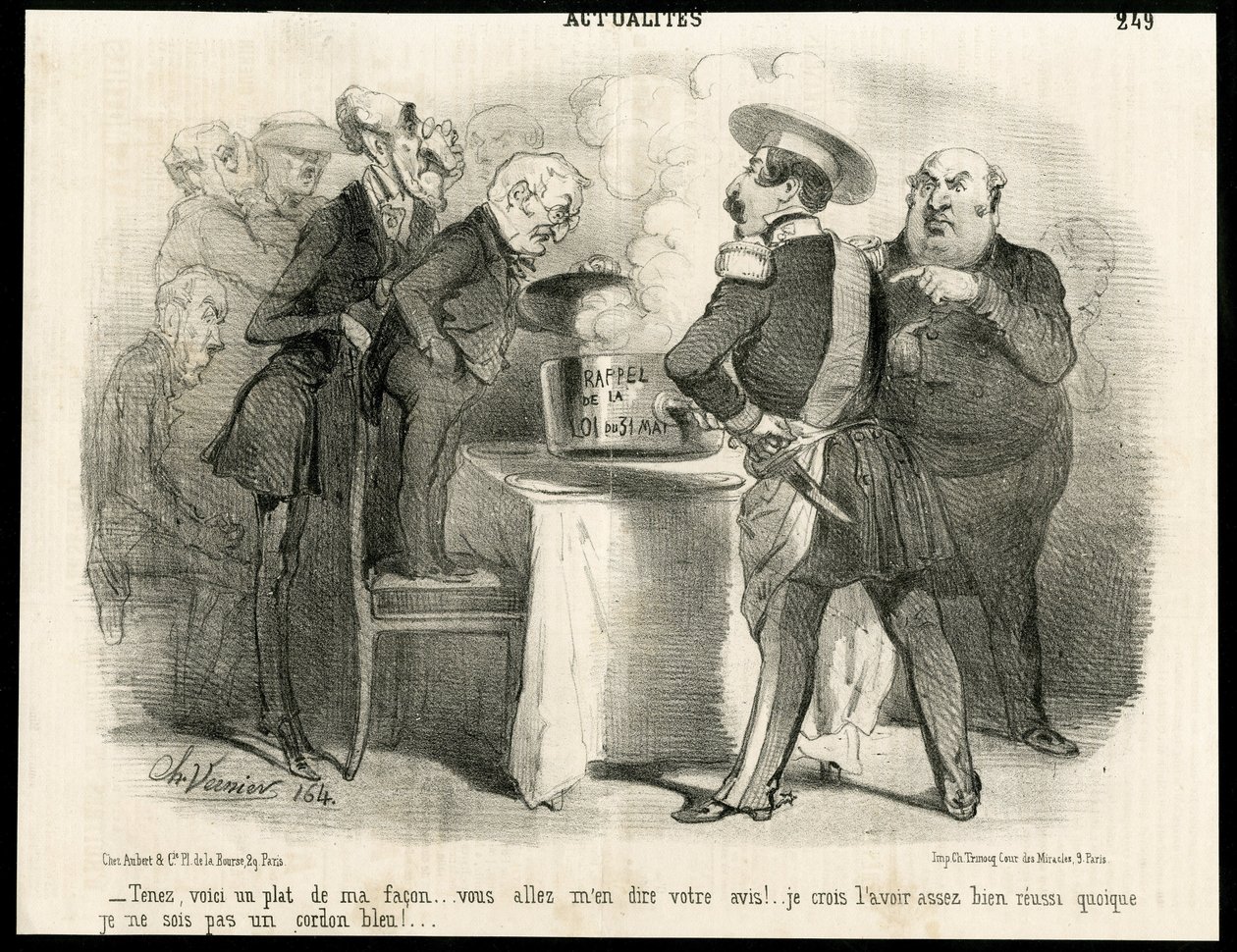 Illustration av Charles Vernier (? -1887) i Le Charivari, cirka 1851-11 - Påminnelse om lagen av 31 maj 1850 - Val, republikens president, storlek, lag, rösträtt - Thiers Adolphe, Napoleon III, Dupin Andre- Marie dupinens öga (1783-1865) - Jag av Charles Vernier
