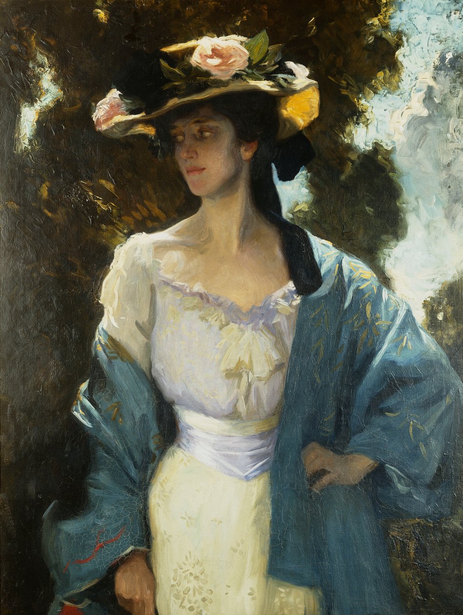 Porträtt av Frances Josephine Furse, konstnärens svägerska i en blå orientalisk jacka, 1903 av Charles Wellington Furse