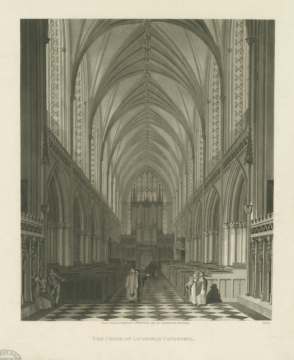 Interiör av Lichfield Cathedral - Kör: akvatintgravyr av Charles Wild