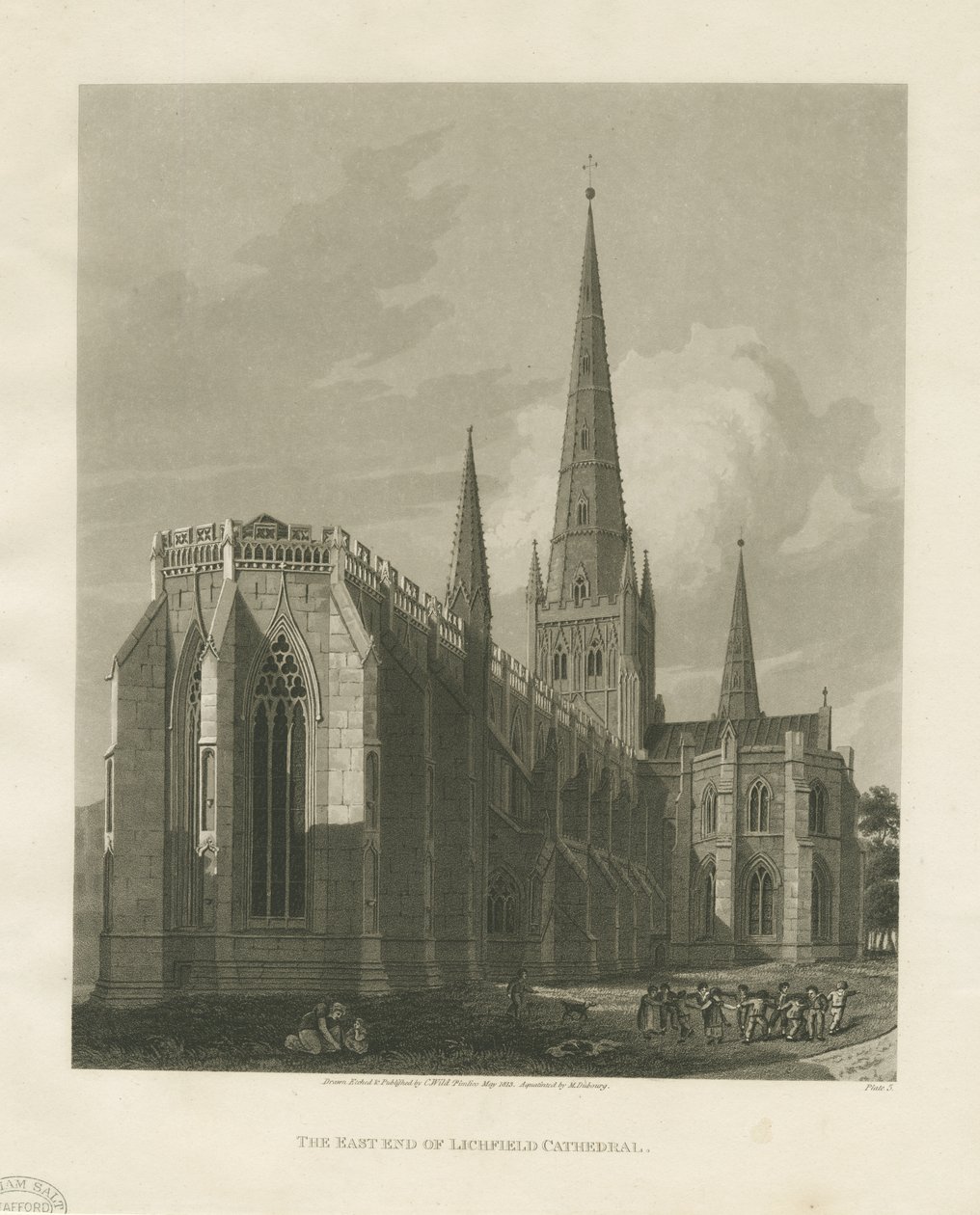Lichfield Cathedral - North East View: akvatintgravyr av Charles Wild