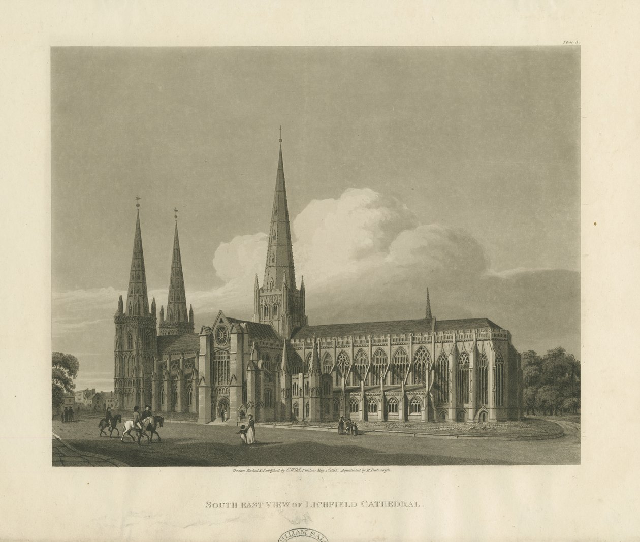 Lichfield Cathedral - Sydostvy: akvatintgravyr, 1813 av Charles Wild