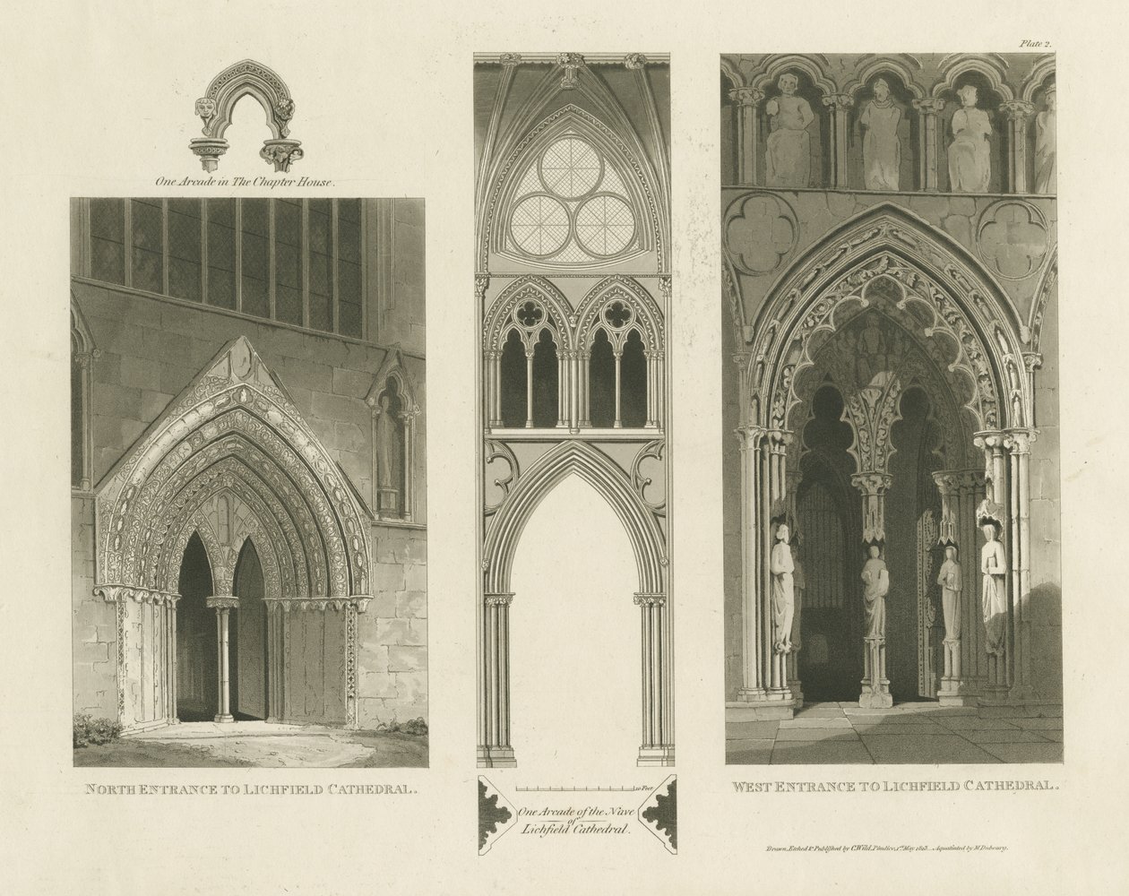 Lichfield Cathedral - West Entrance, North Entrance och Nave: akvatintgravyr av Charles Wild