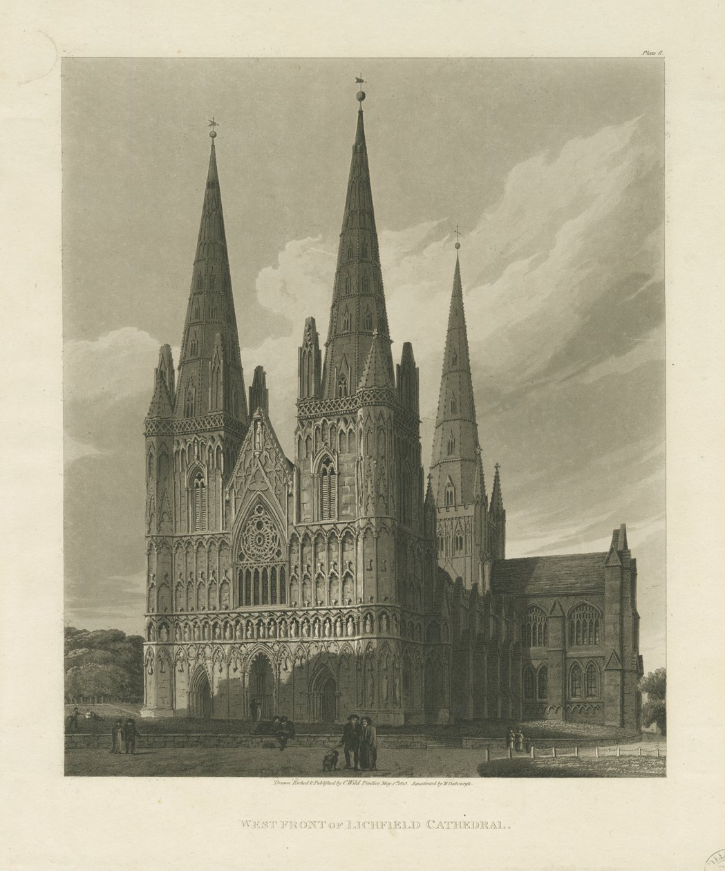 Lichfield Cathedral - West Front: akvatintgravyr, 1813 av Charles Wild