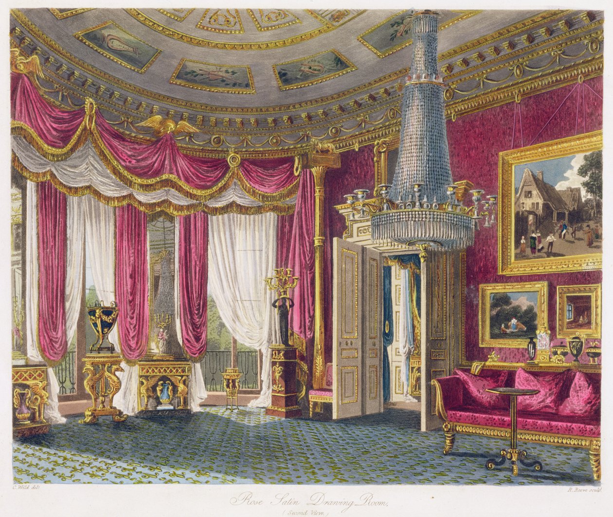 Rose Satin Drawing Room (andra vyn) Carlton House, graverat av R. Reeve (fl.1811-37) från "The History of the Royal Residences" av William Henry Pyne (1769-1843) pub. 1818 av Charles Wild
