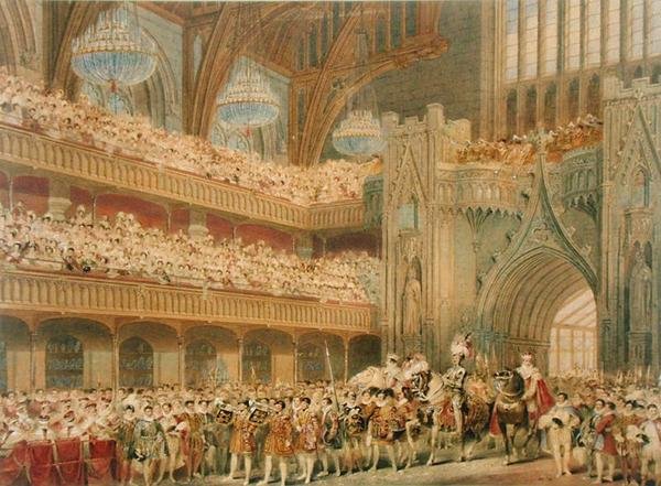The Champion of England kommer in i Westminster Hall (akvarell på papper) av Charles Wild