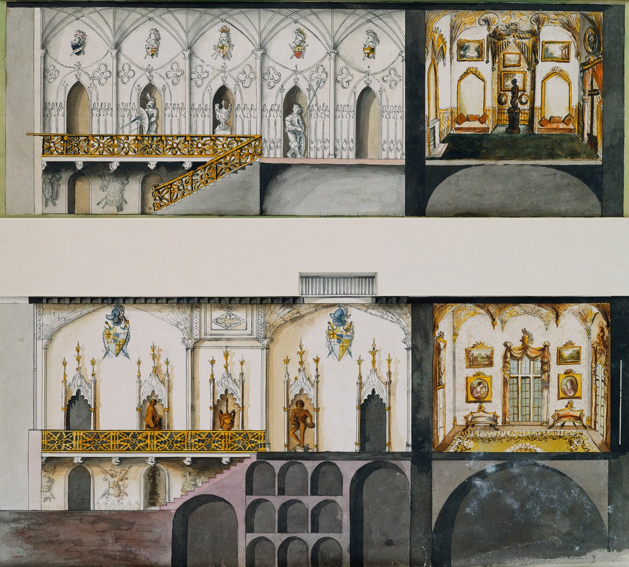 Alternativa projekt för hallen, galleriet och ritningen - Rum på Charleville Castle: sektioner (penna & bläck och w/c på papper) av Charles William Bury