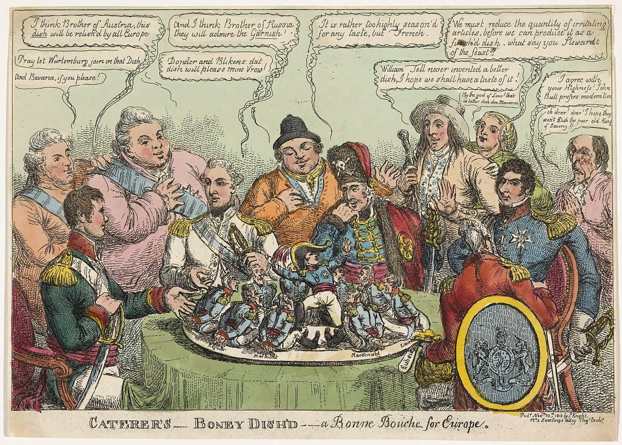 Catering- Boney Dishd- en Bonne Bouche för Europa, pub. 1813 (handfärgad gravyr) av Charles Williams