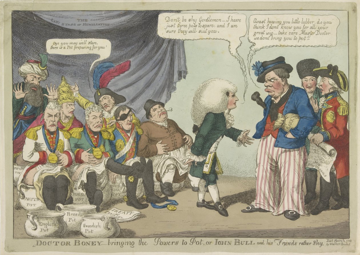 Dokter Napoleon zet de europeiska vorsten op de potten, 1808 Doktor Boney - tar krafterna till potten, eller John Bull och hans vänner ganska blyga (titel på objektet) av Charles Williams