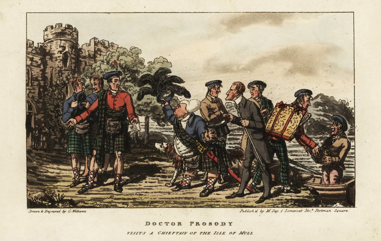 Engelsk turist i en tartankilt som möter en klanhövding utanför ett medeltida slott på Isle of Mull, Inre Hebriderna, Skottland av Charles Williams