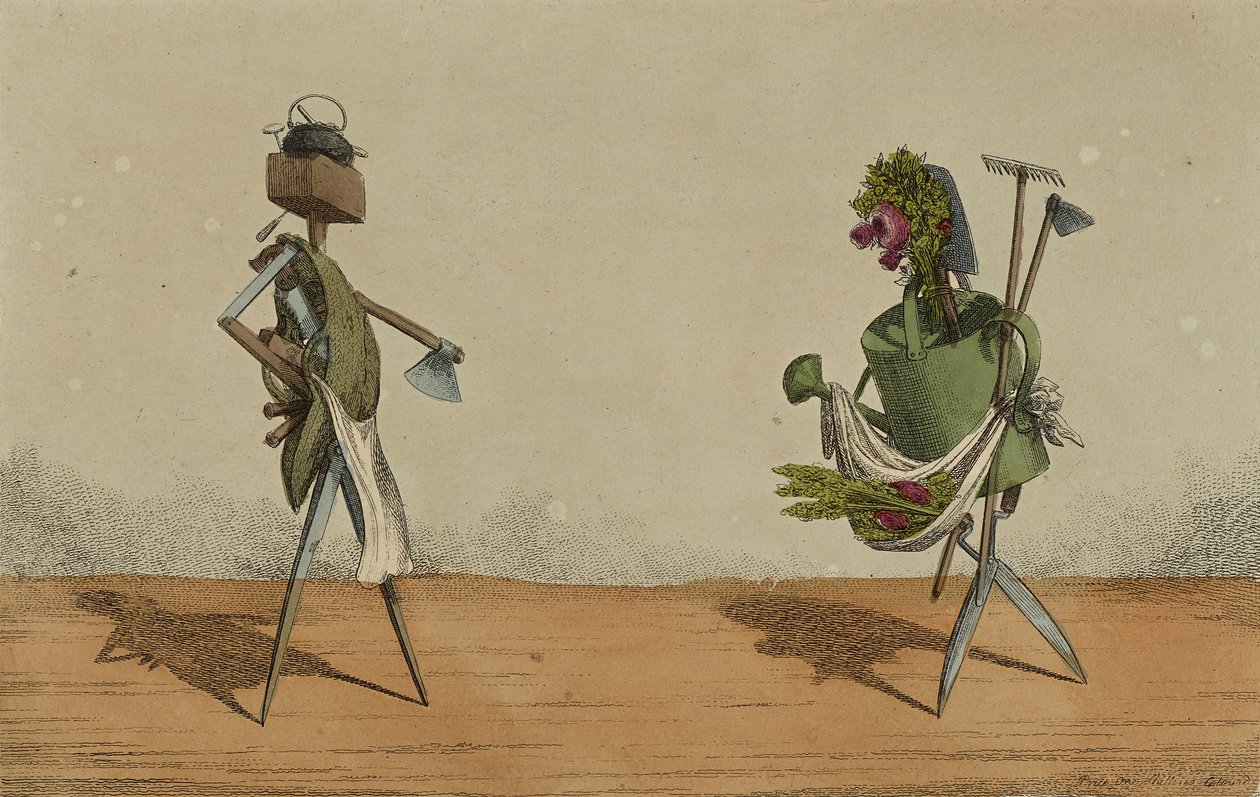 Animerade redskap, tavla 2, tillägnad snickare och trädgårdsmästare i Storbritannien, c.1811 (handfärgad etsning) av Charles Williams