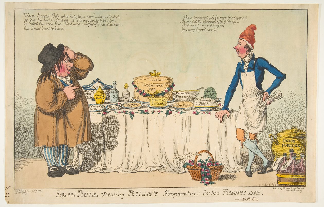 John Bull tittar på Billys förberedelser inför hans födelsedag den 18 maj 1802. av Charles Williams