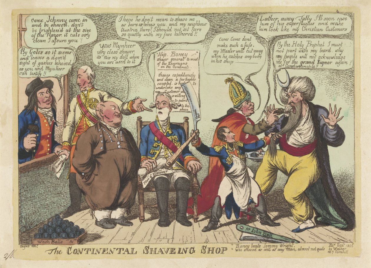 Napoleon som frisör för europeiska makter, 1806 The Continental Shaving Shop (titel på objekt) av Charles Williams