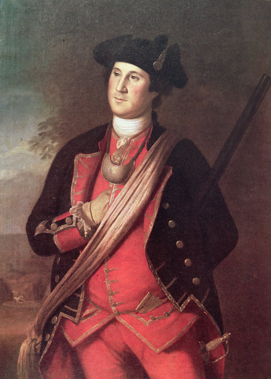George Washington i uniformen av en överste från Virginia Militia under det franska och indiska kriget (1755-63) (färg litho) av Charles Willson (after) Peale