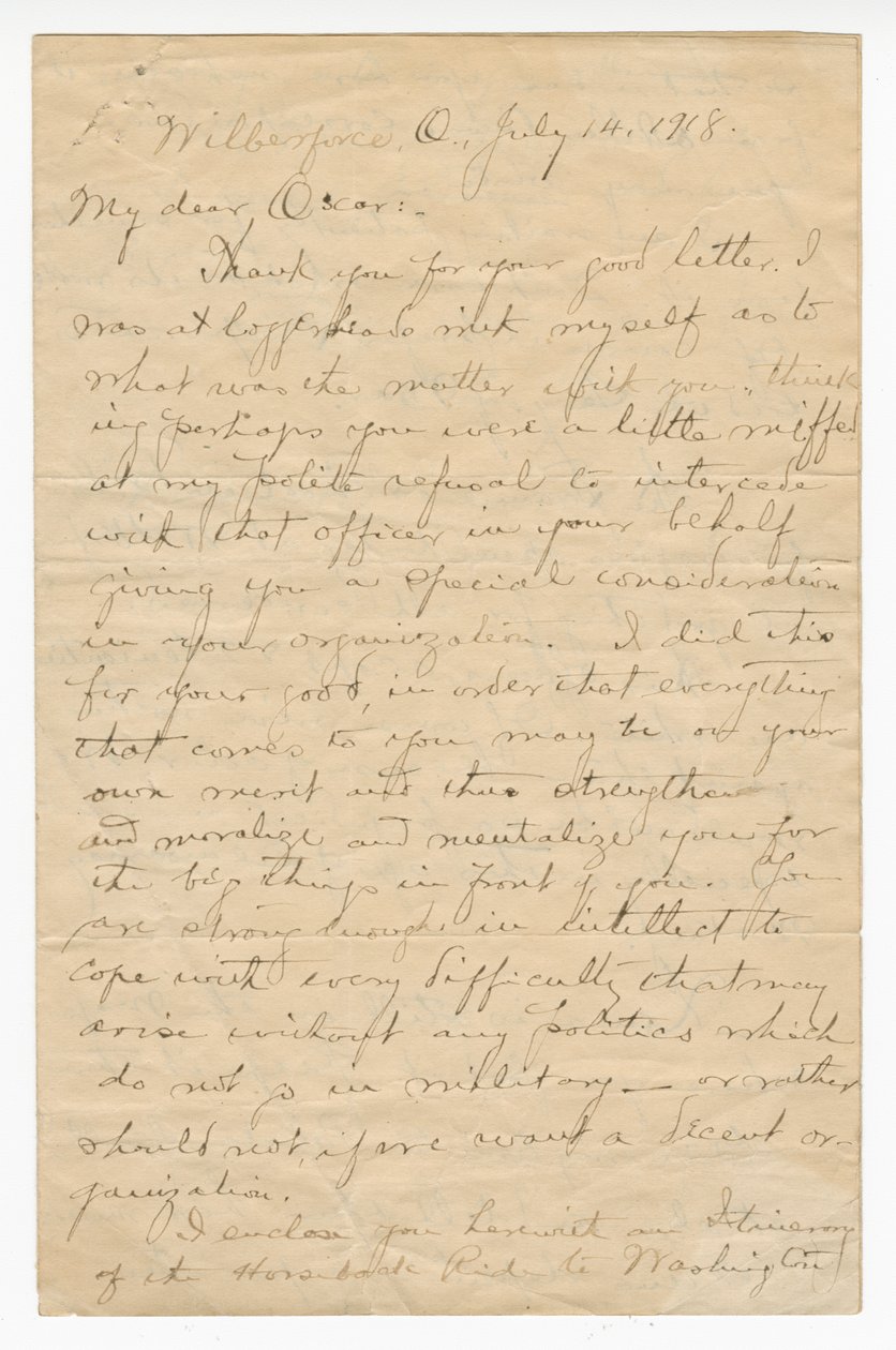 Brev till Oscar W. Price från överste Charles Young, 14 juli 1918. av Charles Young