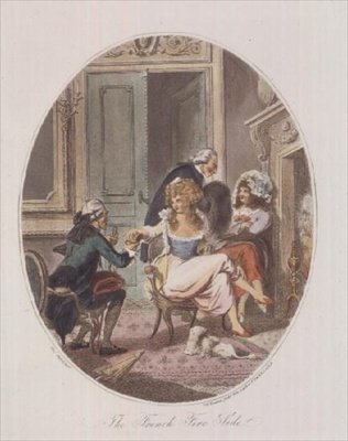 Den franska eldsidan, graverad av P.W. Tomkins (1760-1840) (akvatint) (se även 64847, 64849 och 64850) av Charles after Ansell