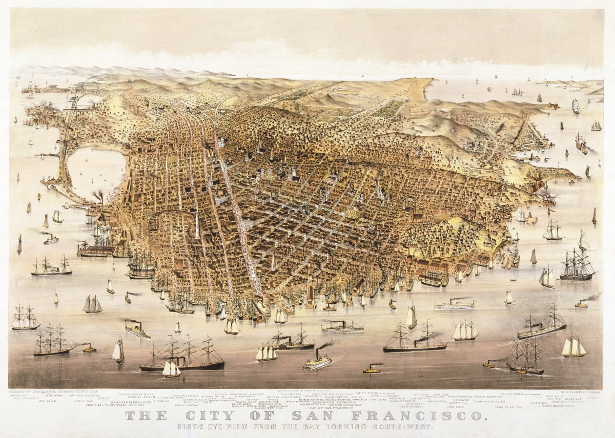 The City of San Francisco, fågelperspektiv från bukten i sydväst, publicerad av Currier & Ives av Charles Richard Parsons