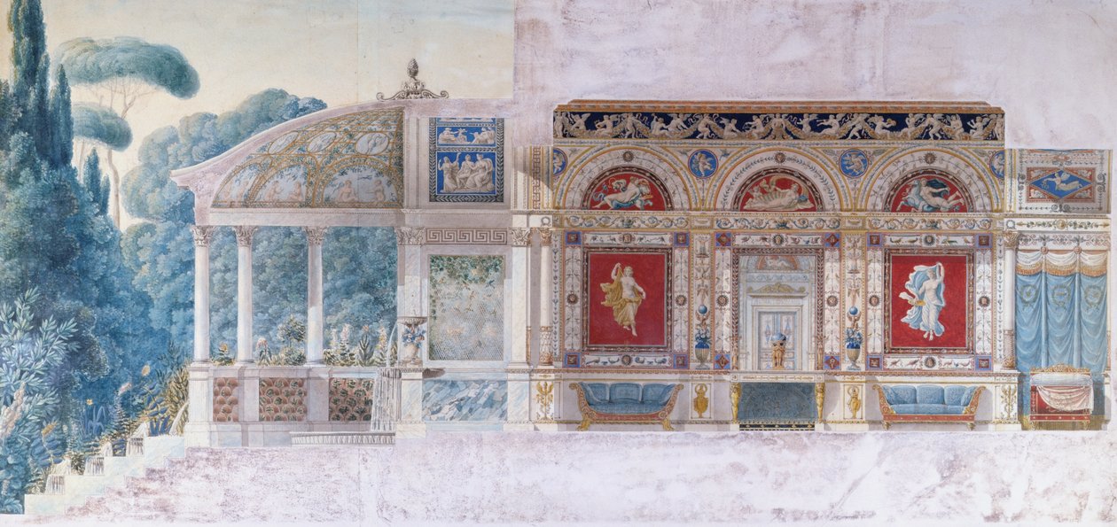 Design för en Hotel Particulier på Champs Elysees för Hortense de Beauharnais (1783-1837), Queen of Holland (wc på papper) av Charles and Fontaine Percier