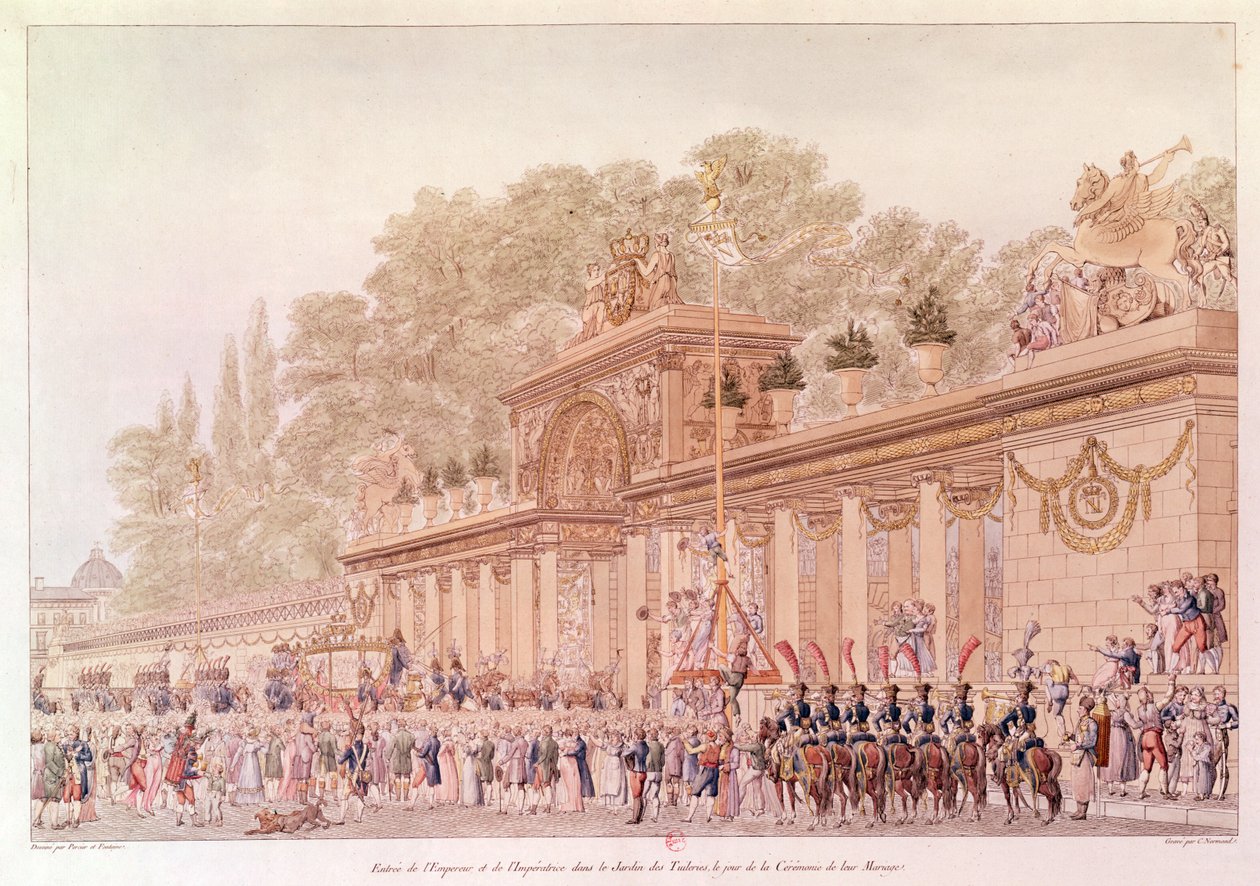 Kejsarens och kejsarinnans inträde till Tuilerierna på dagen för deras bröllop (färggravyr) av Charles and Fontaine Percier