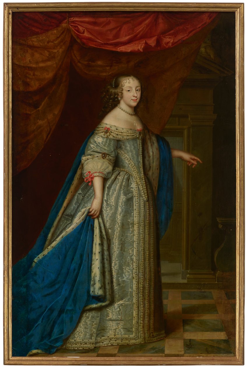 Porträtt av en kvinna i helfigur, traditionellt identifierad som Henrietta Maria, drottning av England av Charles and Henri (1603 77) Beaubrun