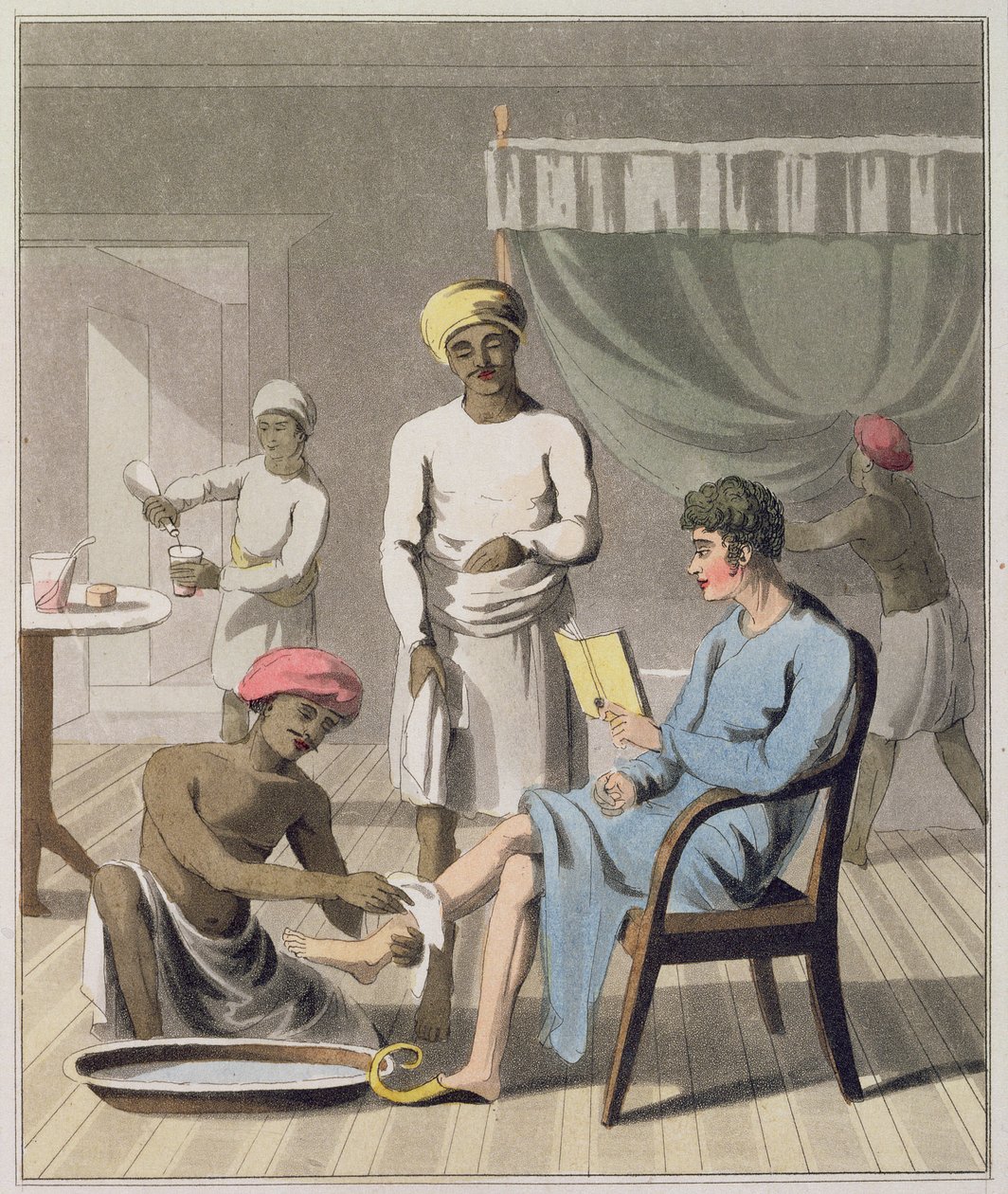 A Gentleman Dressing, i närvaro av hans huvudbärare och andra tjänare, skylt 4 från "The European in India", publicerad 1813 (handfärgad akvatint) av Charles d Oyly