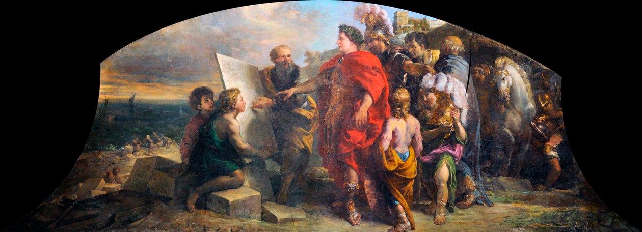 Kejsar Augustus (63 f.Kr.-14 e.Kr.) bygger hamnen i Misene (Italien) (Augustus bygger hamnen i Miseno) - Målning av Charles de La Fosse (1636-1716), olja på duk (200x350 cm) av Charles de la Fosse