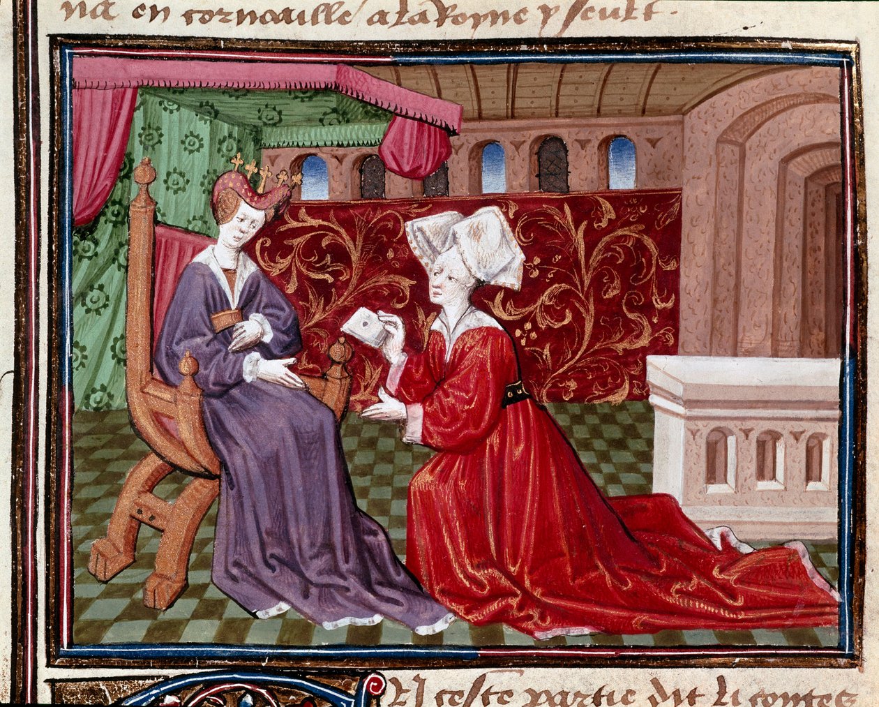 En tjänarinna som bär ett brev till drottning Iseult (eller Iseult) miniatyr taget från "" Romanesque du Chevalier Tristan"" av mästare Charles av Maine 1440-1460. Chantilly, Conde Museum av Charles du Maine Master