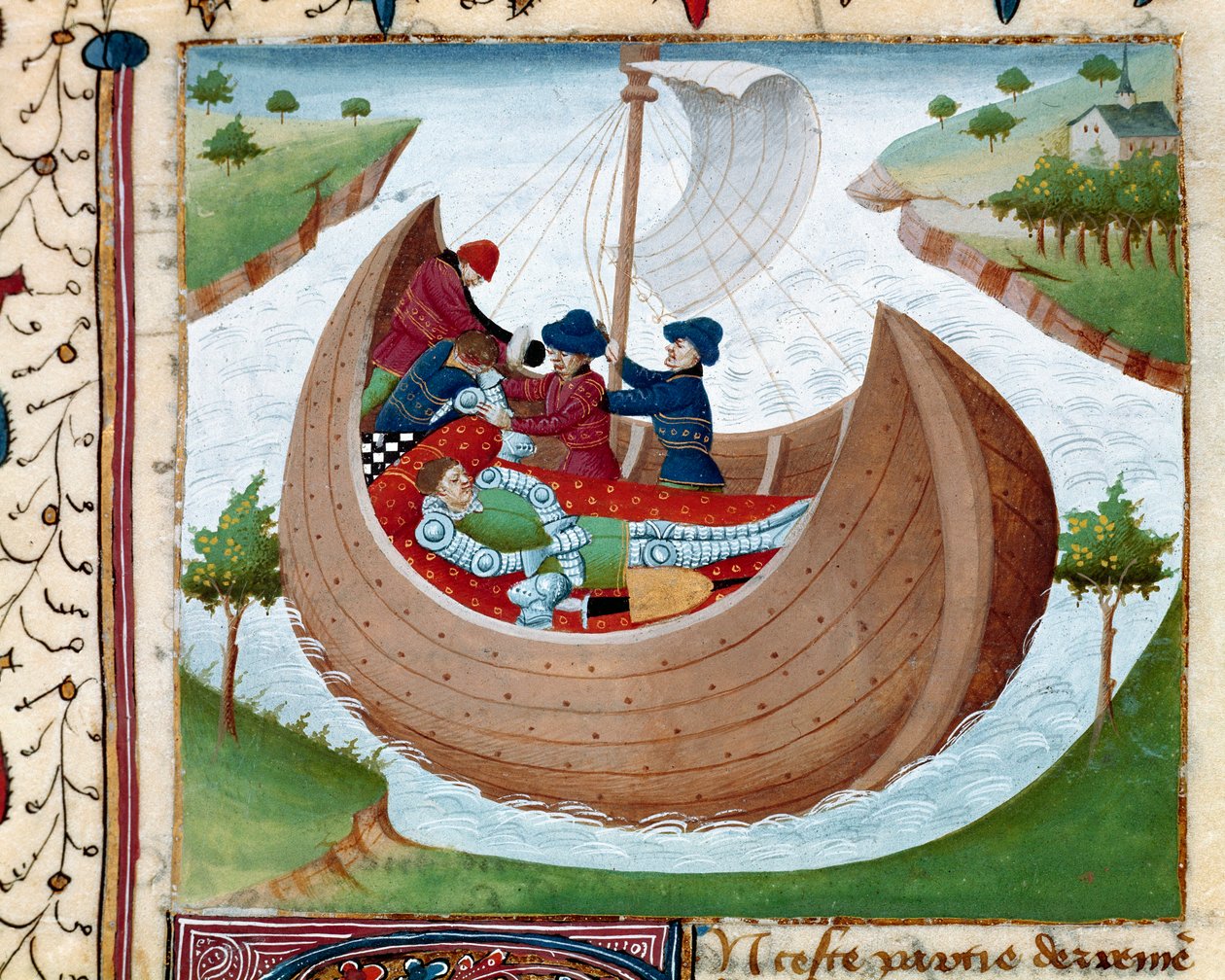 Begravning till sjöss Miniatyr tagen från "" Romanesque du Chevalier Tristan"" av Master Charles of Maine 1440-1460. Chantilly, musee Conde - Sea Burial of a Knight of the Round Table - Miniatyr från Roman du Chevalier Tristan, av mästaren Charles av Main av Charles du Maine Master