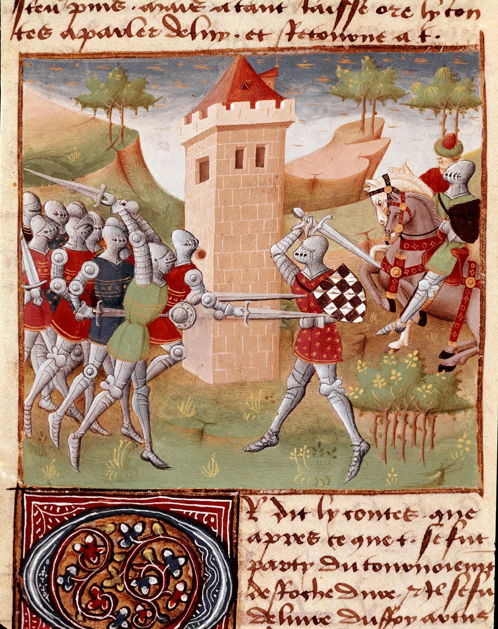 Lancelot du Lac fighting knights Miniatyr tagen från "" Roman du Chevalier Tristan"" av Master Charles de Maine (Beroul-version). 1440-1460. Chantilly, Condé Museum av Charles du Maine Master