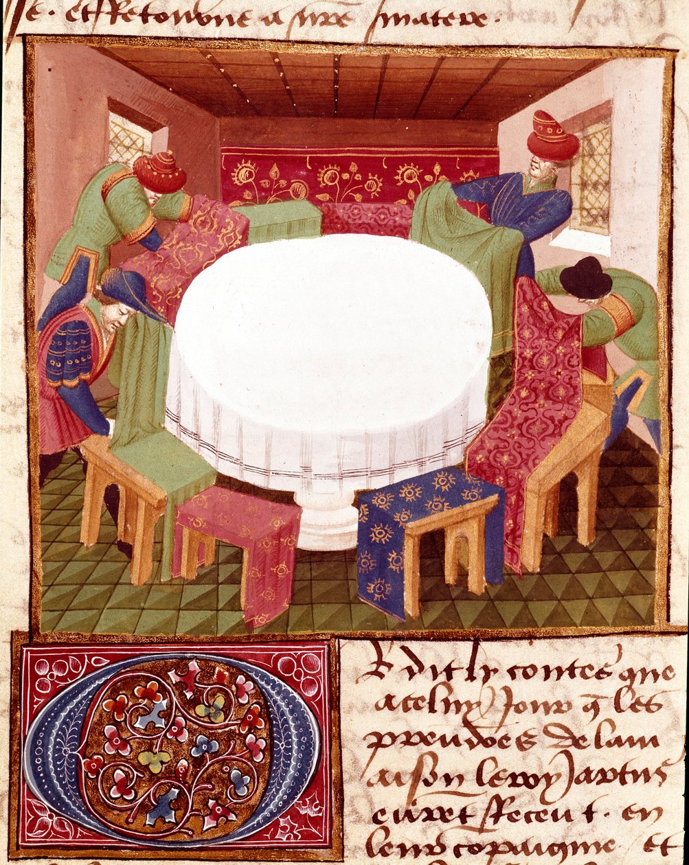 Förberedelser för det runda bordet vid ankomsten av miniatyrriddarna hämtade från "" Romanesque du Chevalier Tristan"" av mästare Charles de Maine (Beroul-version). 1440-1460. Chantilly, Conde Museum av Charles du Maine Master