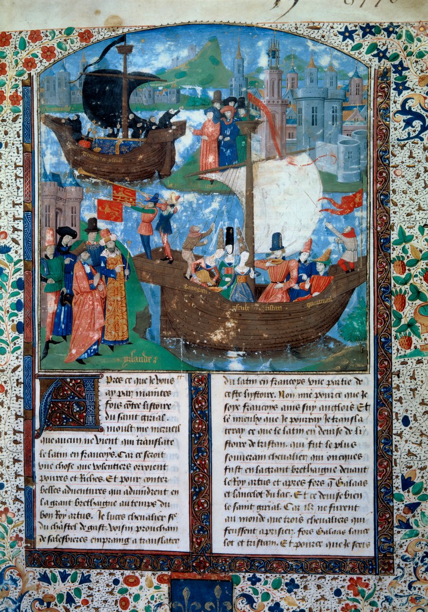 Tristan och Iseult (Isolde eller Yseult) lämnar Irland, Tristan dricker kärleksfiltret. Innerst inne förs deras två kroppar tillbaka till Irland. Miniatyr från manuskript ms. 103 f.1 The novel of Tristan”” tillskriven mästaren Charles av Maine. 1400-talet av Charles du Maine Master