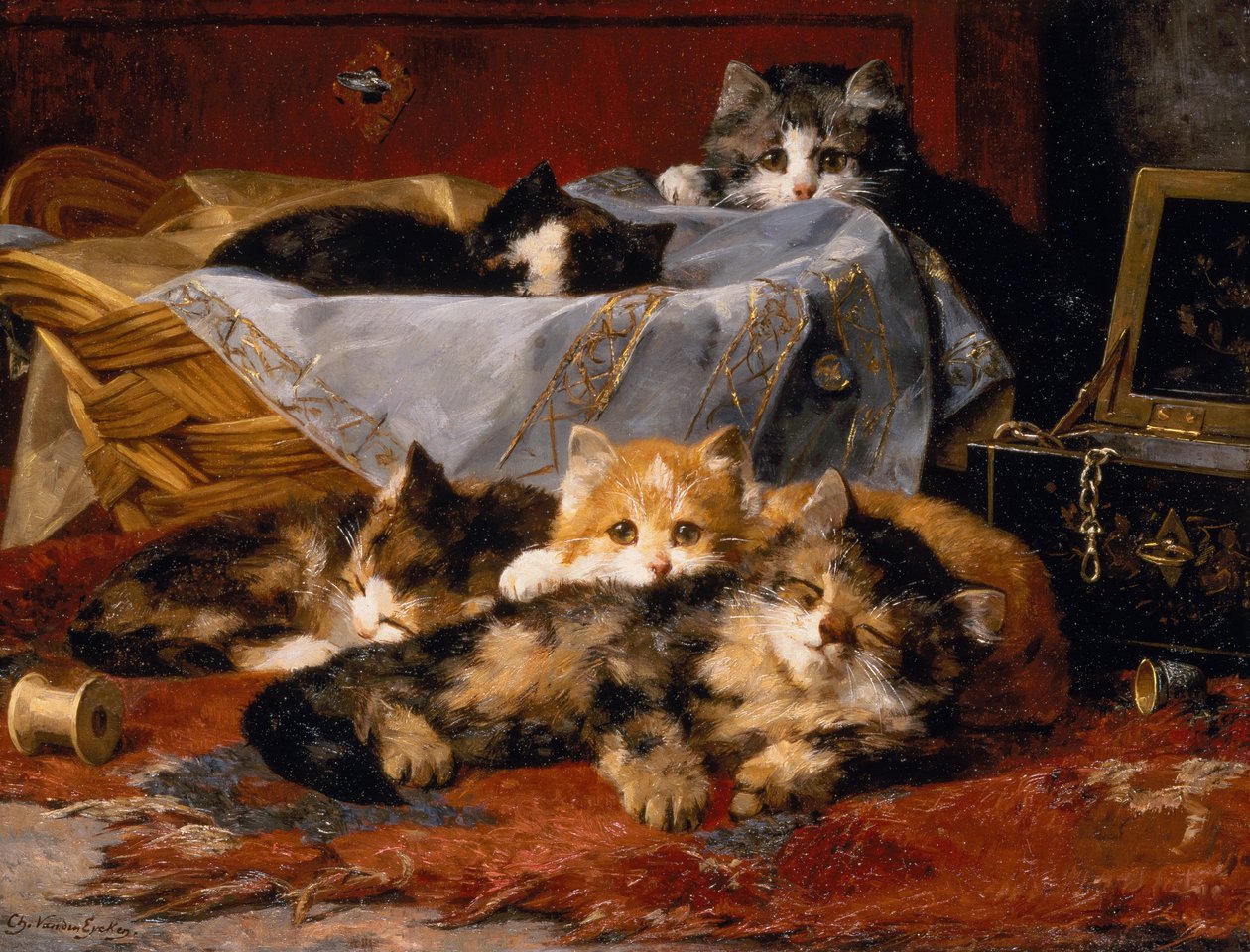 Kattungar vid en sykorg (olja på duk) av Charles van den Eycken