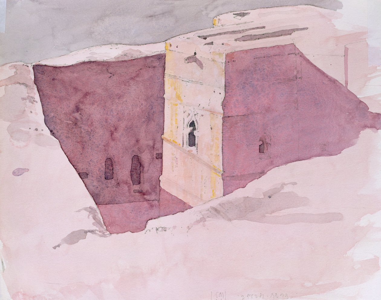 Giorgis Sunset, Lalibela, Etiopien, 1996 (wc på papper) av Charlie Millar