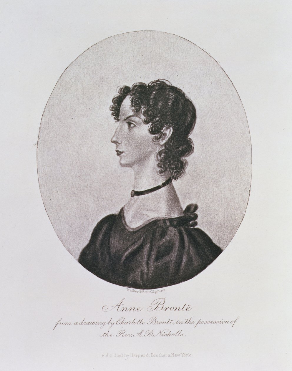 Porträtt av Anne Bronte (1820-49) från en teckning i pastor A. B. Nicholls ägo, graverad av Walker och Boutall av Charlotte Bronte
